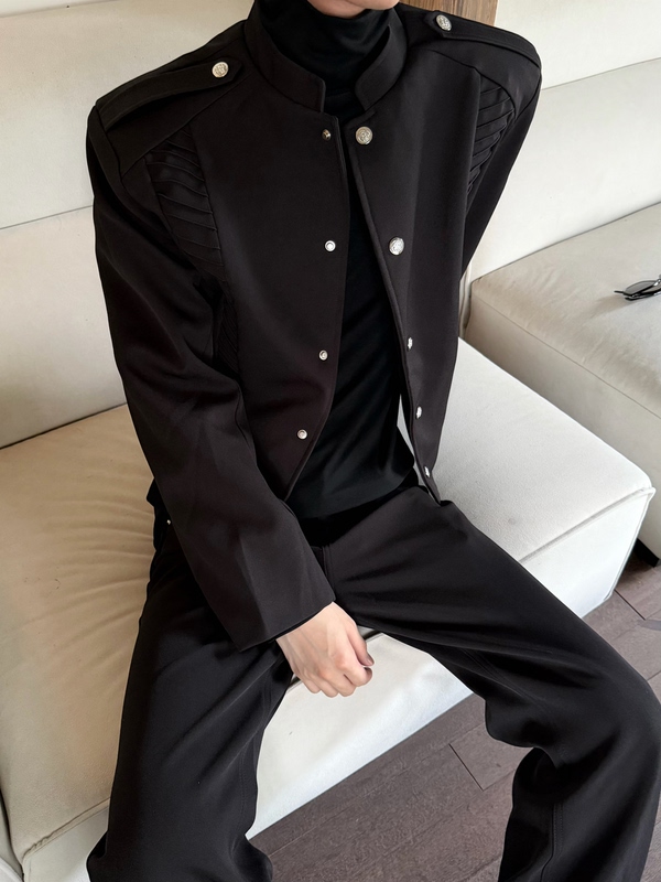 Aerospace White/Napoleon Silver Buckle Epaulette Design Deconstructed Pleated Short Jacket with Shoulder Pads Casual Blazer