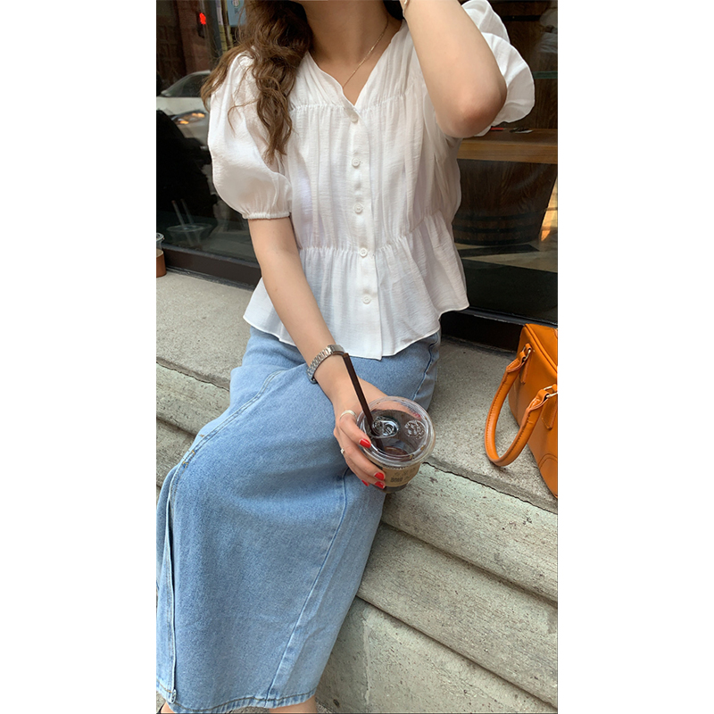 FCY studio white puff sleeve shirt women 2021 summer new Korean style temperament design short-sleeved shirt