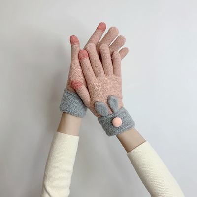 【向朵】冬季韩版可爱兔子毛线针织触屏手套