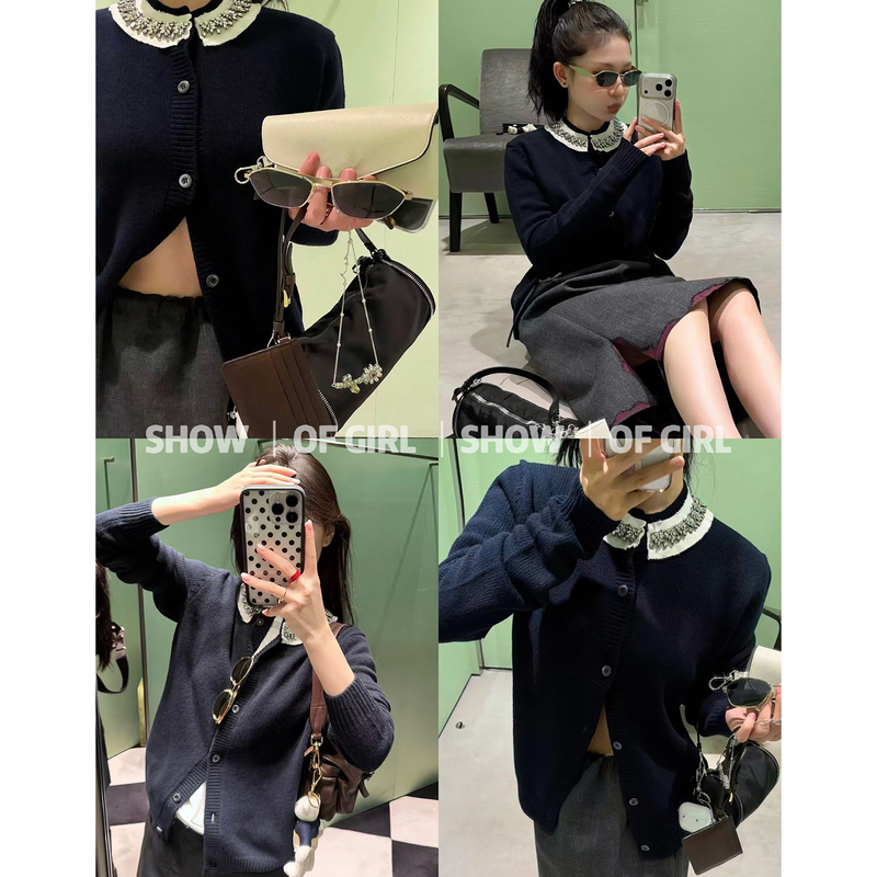 Show of Girl 26S Knitted Cardigan with Beaded Trim! Heavy-Duty Diamond Collar, Raw Edge, Single-Breasted Knit Sweater Jacket Show of Girl 26S Knitted Cardigan with Beaded Trim! Heavy-Duty Diamond Collar, Raw Edge, Single-Breasted Knit Sweater Jacket