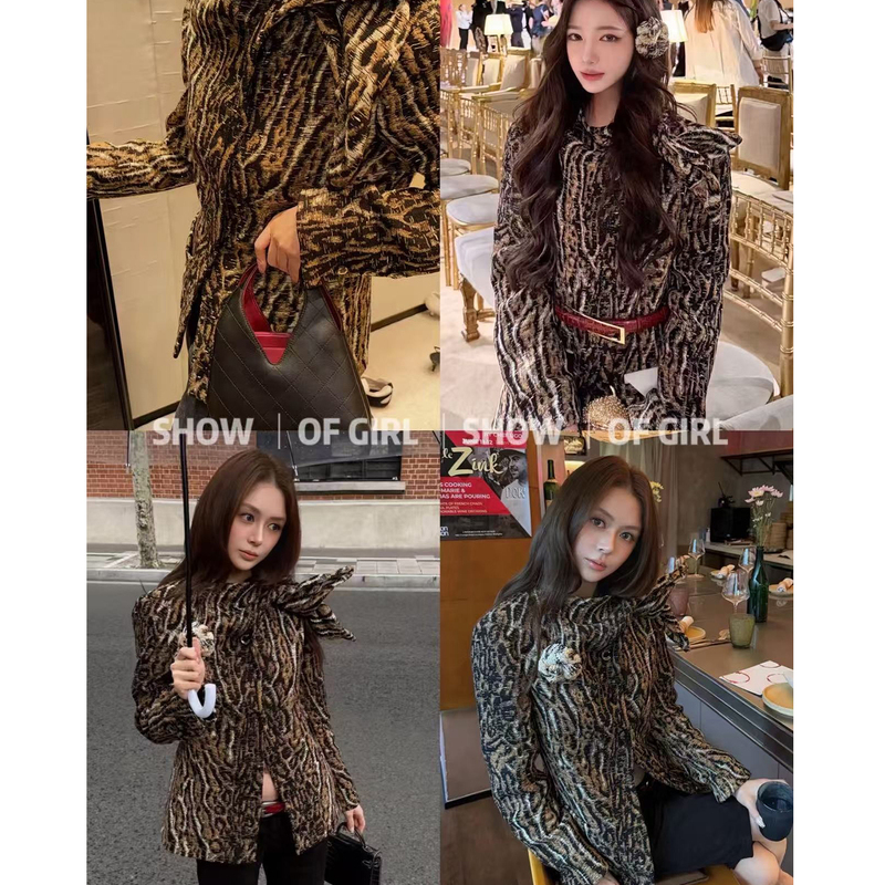 Show of Girl 26A Gold Ink Stains! Leopard Print Tweed Jacket with Lace-Up Bow and Single-Breasted Coat Show of Girl 26A Gold Ink Stains! Leopard Print Tweed Jacket with Lace-Up Bow and Single-Breasted Coat