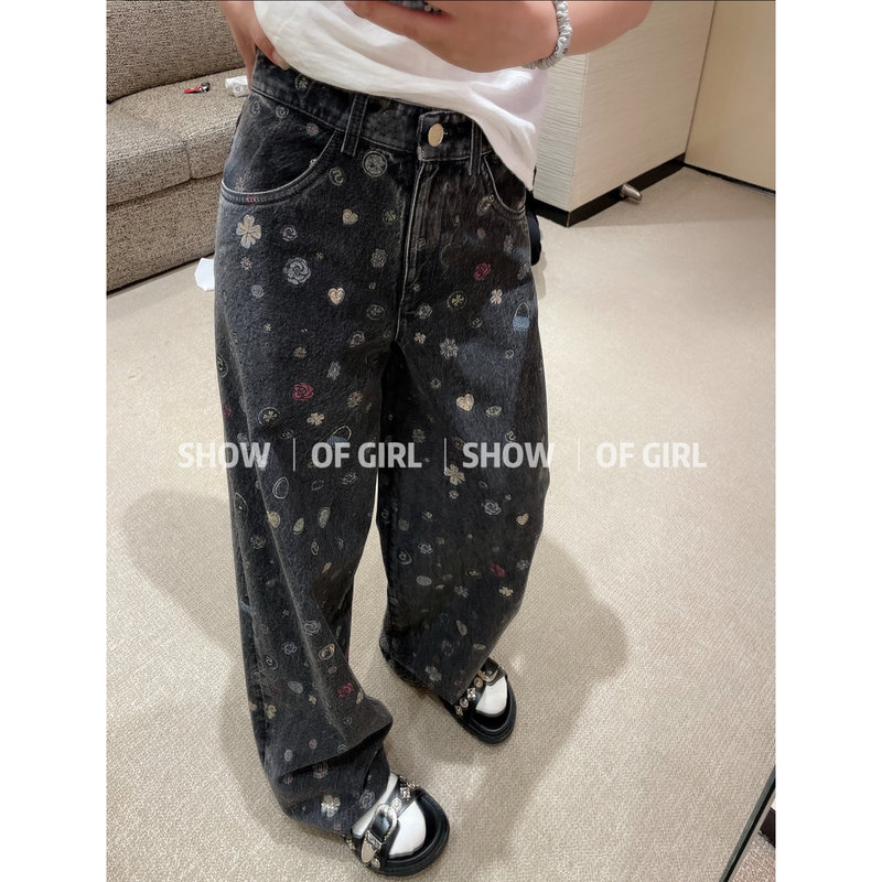 Show of Girl 25B Fairy Goddess Pants! Street-Style Ceiling-Level Floral Print Vintage Jeans