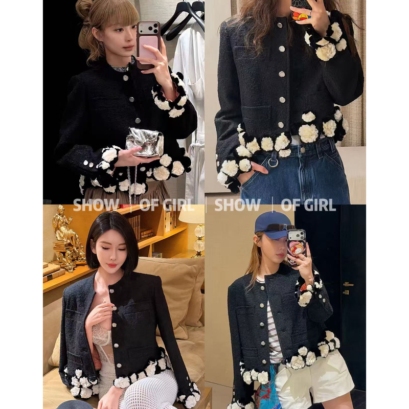 Show of Girl 26S Floral Embellished Collar! Three-Dimensional Flower Classic Tweed Jacket Short Top for Women Show of Girl 26S Floral Embellished Collar! Three-Dimensional Flower Classic Tweed Jacket Short Top for Women