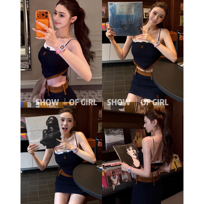 Show of Girl 26Ss Sweet and Desirable Girl! Hot Girl Color-Block Knitted Hollow-Out Tube Top/Short Skirt