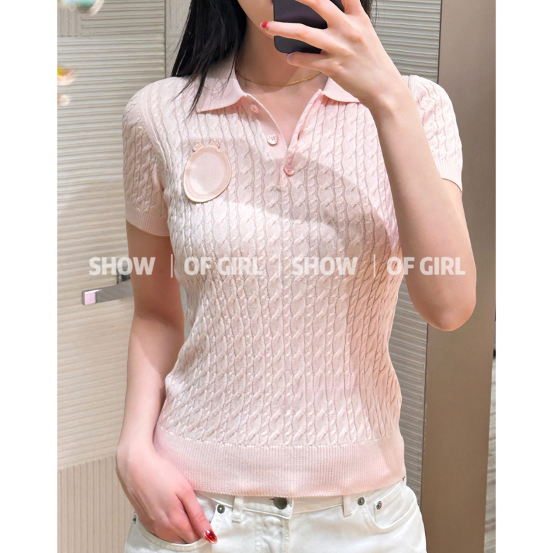 Show of Girl 26S White Moonlight! Letter Embroidery Patch Short Sleeve Cable Knit Polo Collar Sweater Top Show of Girl 26S White Moonlight! Letter Embroidery Patch Short Sleeve Cable Knit Polo Collar Sweater Top