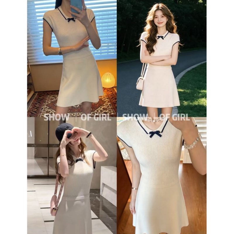 Show of Girl 26Ss Elegant Blue Embellishment! Sweet Bow-Knot Polo Collar Knitted Short-Sleeve Dress