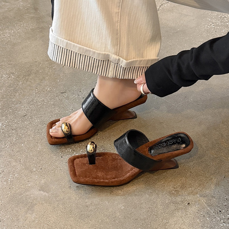 [Italy] Ongysl Heel Height 4.5cm ⭐ Retro Style Slip-On Slippers for Women, Summer Wedge Heel Open-Toe Flip-Flops
