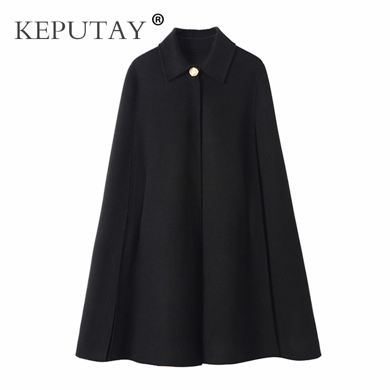 Double-Sided Wool Coat for Women, New Autumn and Winter High-End Loose Cape, Mid-Length Black Large Size Woolen Coat, Slimming