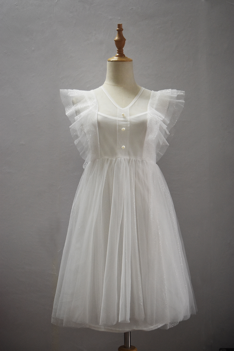 VK旗艦店 韓國風名媛V領拼接閃閃網紗短版無袖洋裝