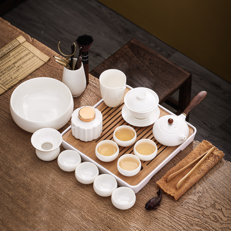 Dehua white porcelain tea set set ceramic side pot household with minimal cascreen tea cover bowl kung fu tea cup complete set
