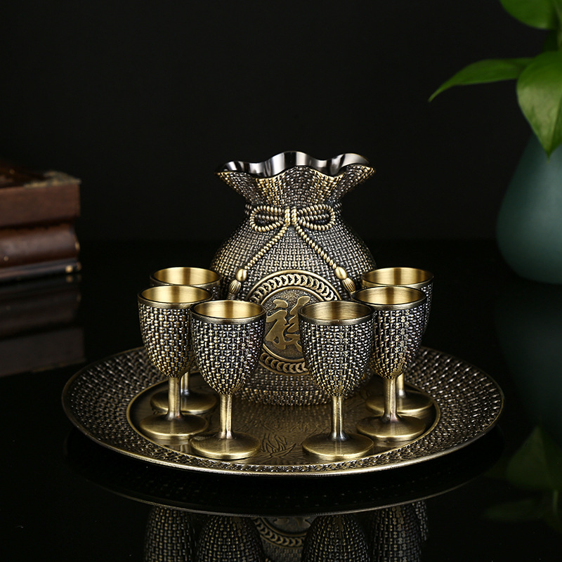 Chinese bronze wine with six sets of upscale home wine jug European style metal High foot cup Wine Ware Fubag White Wine Glass-Taobao