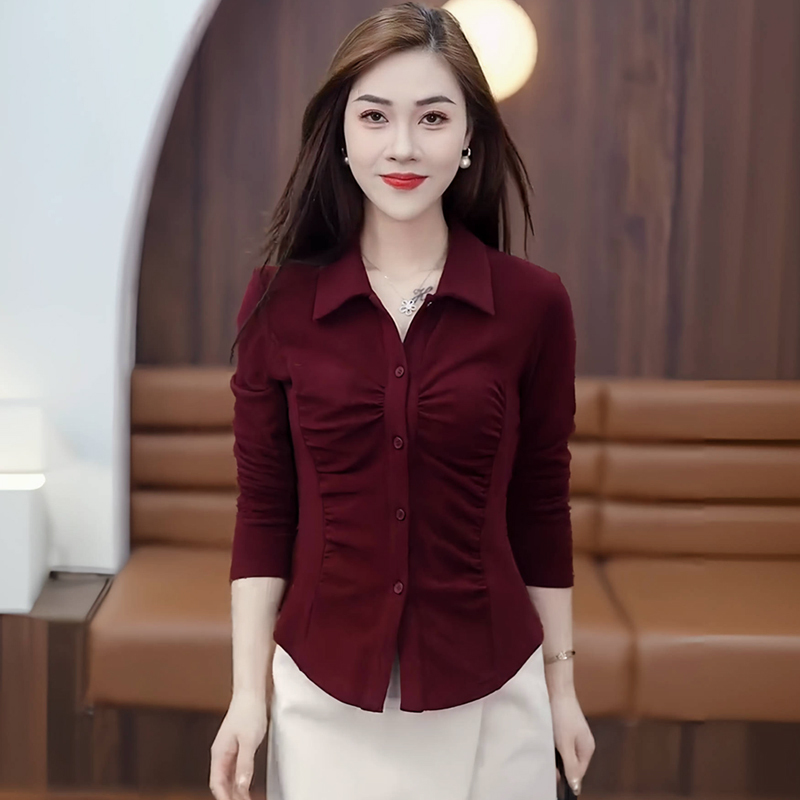High-End Long-Sleeved Shirts for Women, Waist-Cinching Tops, New Spring and Autumn Styles, Stylish Plus-Size Base Shirts for Petite Figures, Tummy-Covering Shirts