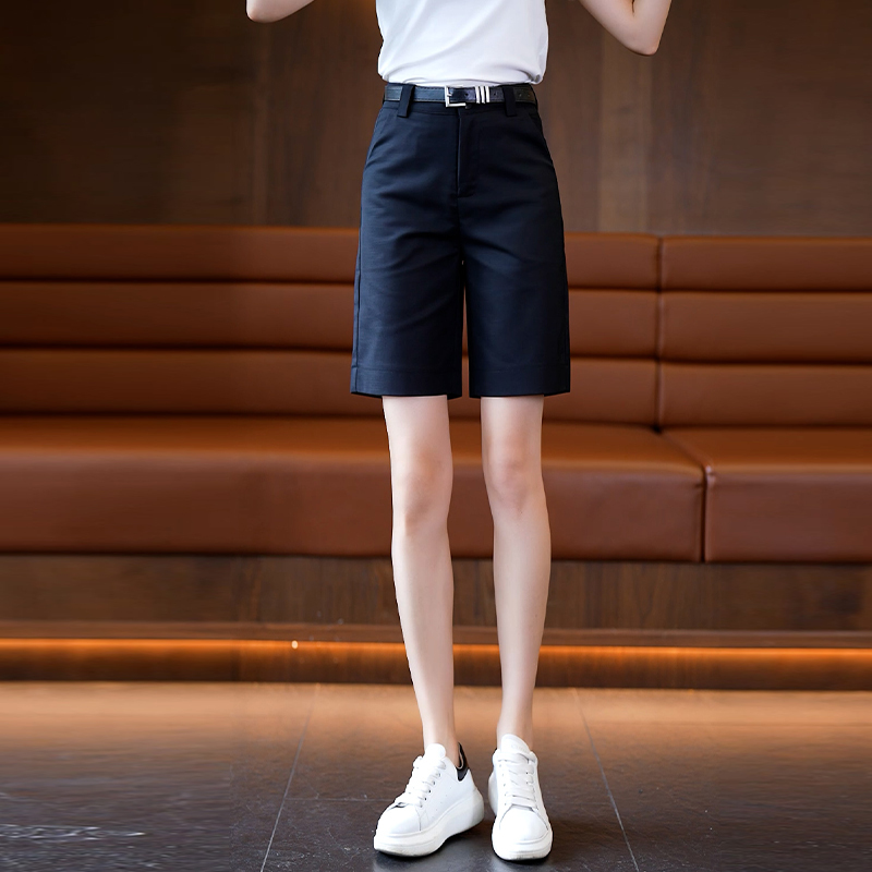 High-End Black Suit Shorts for Women, New Summer Wide-Leg Pants, High-Waisted, Slimming, Thin, Casual Straight-Leg Five-Point Pants
