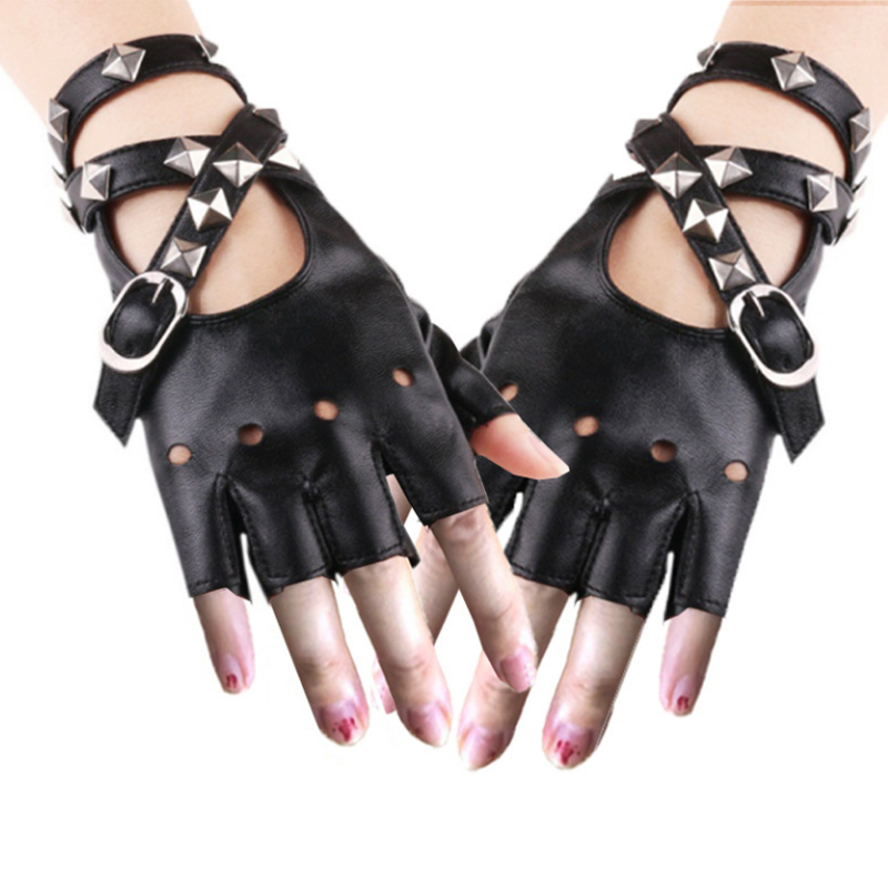 Performance Gloves for Men and Women with Long Straps and Rivets for Dance, Punk, Model Runway Shows, Street Dance, Leather Nightclub Cos