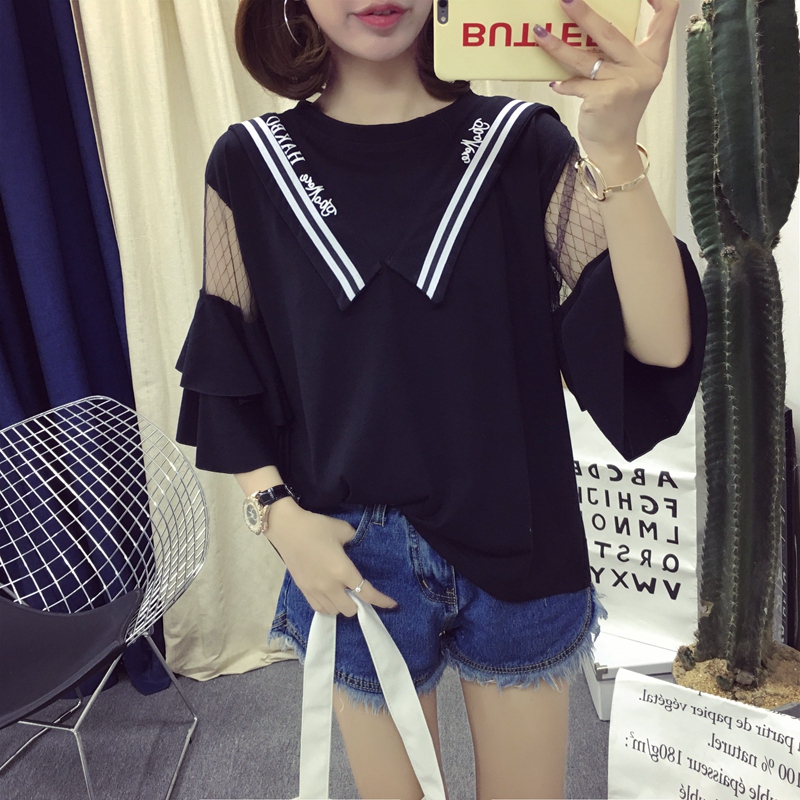 Mùa hè Hàn Quốc phiên bản của siêu lớn kích thước 200 pound chất béo mm ngắn tay t-shirt phụ nữ lỏng lẻo mỏng ren lá sen tay áo phiên bản lớn áo phông gucci nữ
