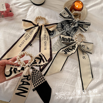 Japanese GP official Net tennis net red pearl head rope bound hair band with silk scarf hair rope hair band Hair Ring Leather Fascia