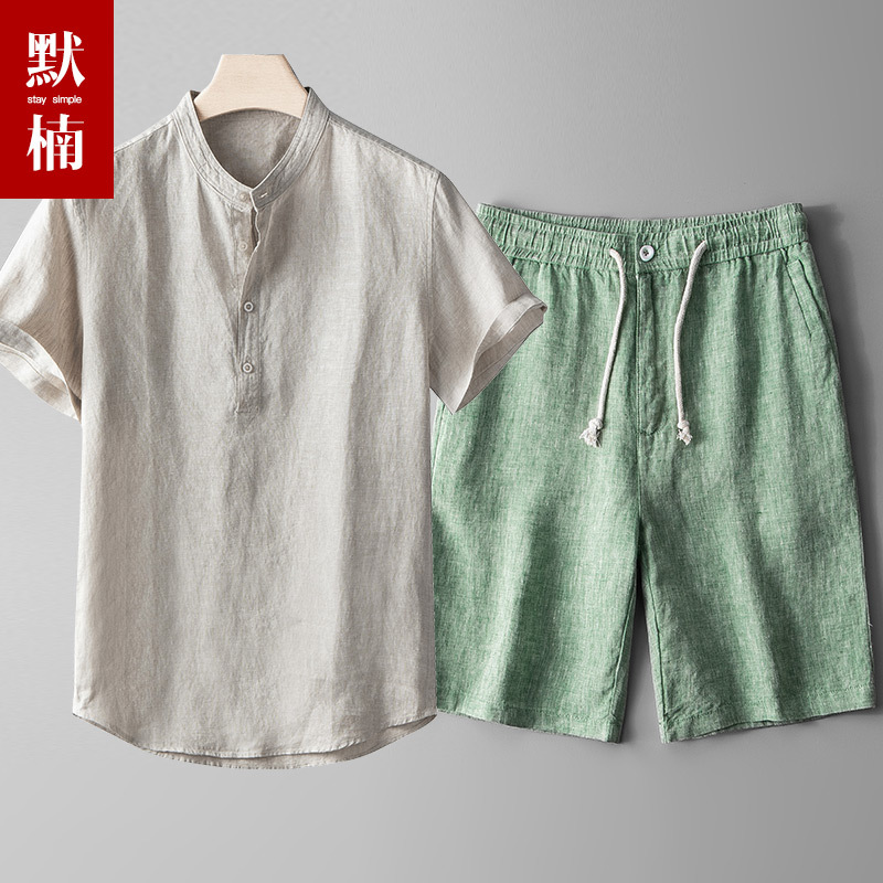 Fresh Linen Casual Suit for Men, Summer Cotton and Linen Short-Sleeved T-Shirt, Five-Point Shorts, Plus Size Men's Clothing Set