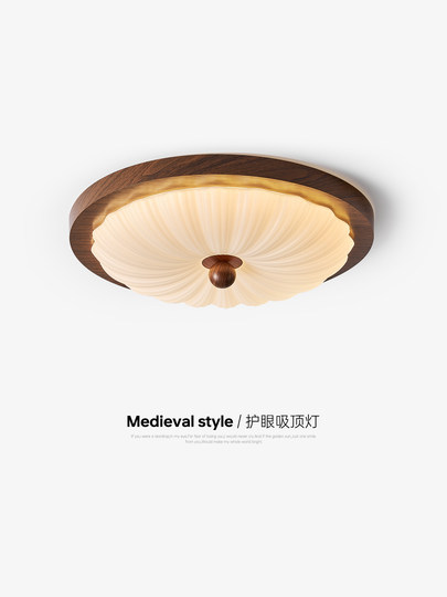 French-Style Medieval Bedroom Lamp with Full Spectrum Walnut Wood, Vintage Song Dynasty Aesthetic Study Room Ceiling Lamp