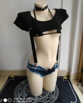 (Valentines Day gift Set)cos limited girl race high half T-strap suspender snowflake denim briefs