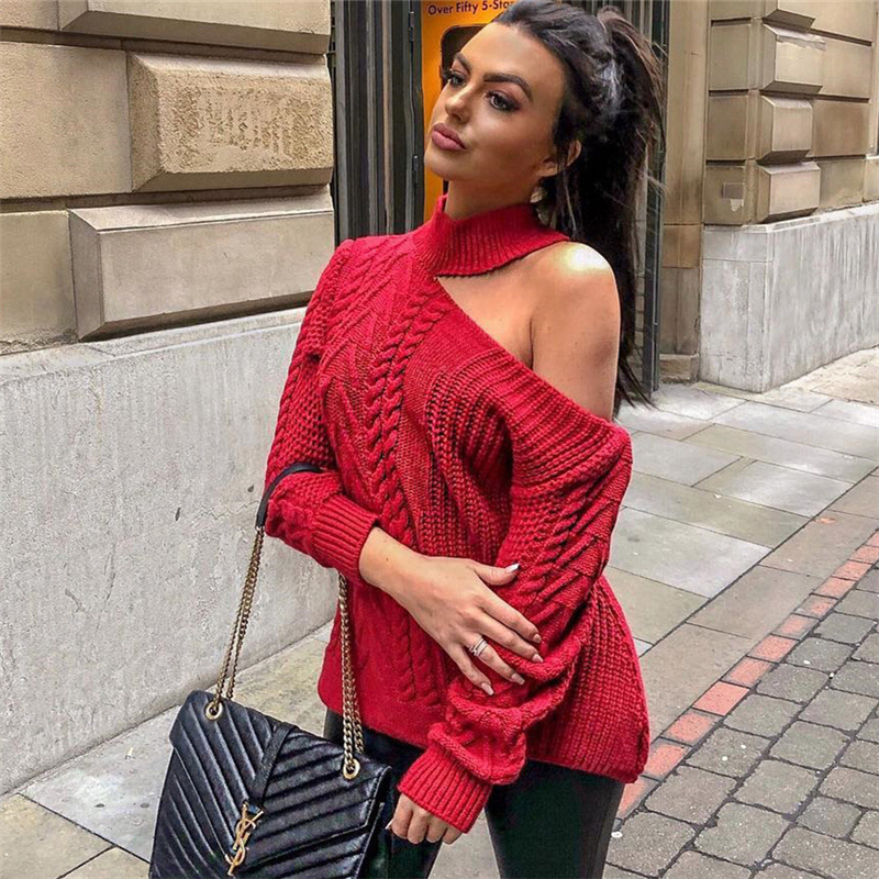 Fall 2021 New Women Halter off-the-Shoulder Irregular Sweater in Sweaters