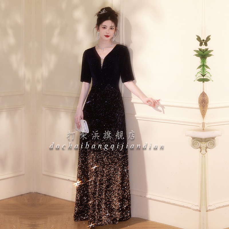 Performance Clothing Choir Banquet Annual Meeting Evening Dress Long Mid-Sleeve Velvet Host Conductor Performance High-End