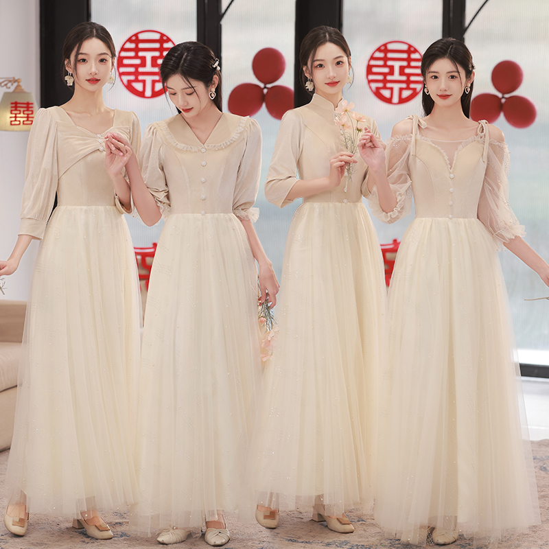Bridesmaid Sister Best Friend Evening Dress Long Mid-Sleeve Velvet Spring and Autumn High-End Performance Banquet Dress for Women