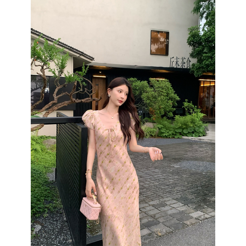 Kun【Sweet Taro】Tencel Floral Dress Women's Ramie Short Sleeve Design Long Dress Summer New Style Kun【Sweet Taro】Tencel Floral Dress Women's Ramie Short Sleeve Design Long Dress Summer New Style