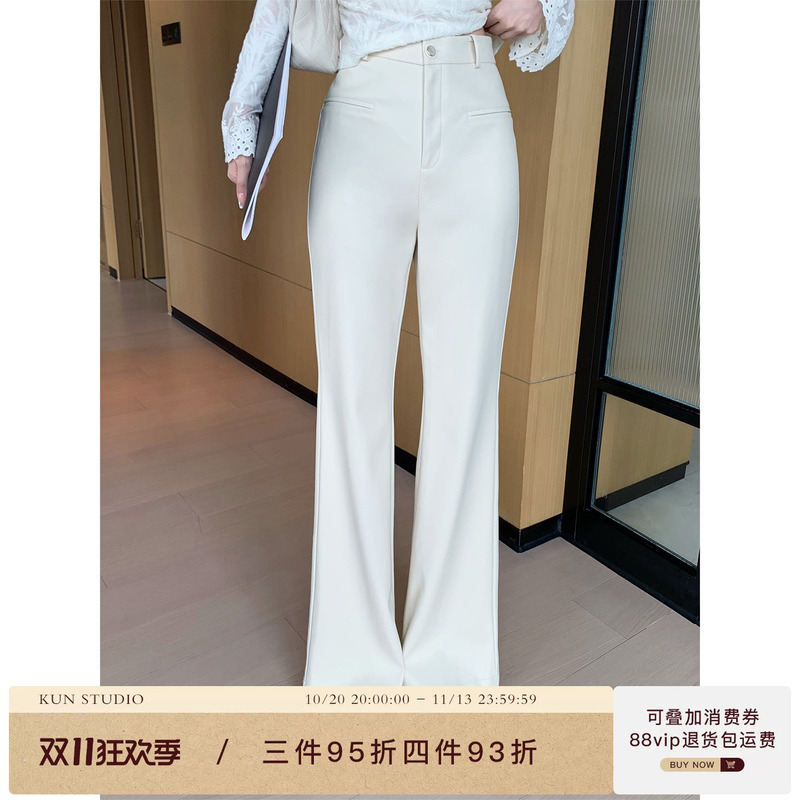 Kun【Modeling Pants】Autumn Fleece-Lined Leather Pants for Women, Slimming Flared Pants with a High-End Feel, New Long Pants