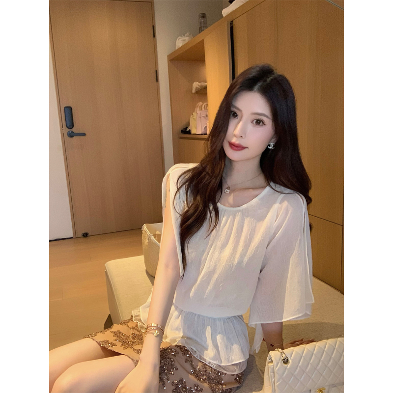 Kun Zong Kun【Lace】Chiffon Lace Shirt for Women, Beige Half-Sleeve Design Top, Versatile New Style for Summer