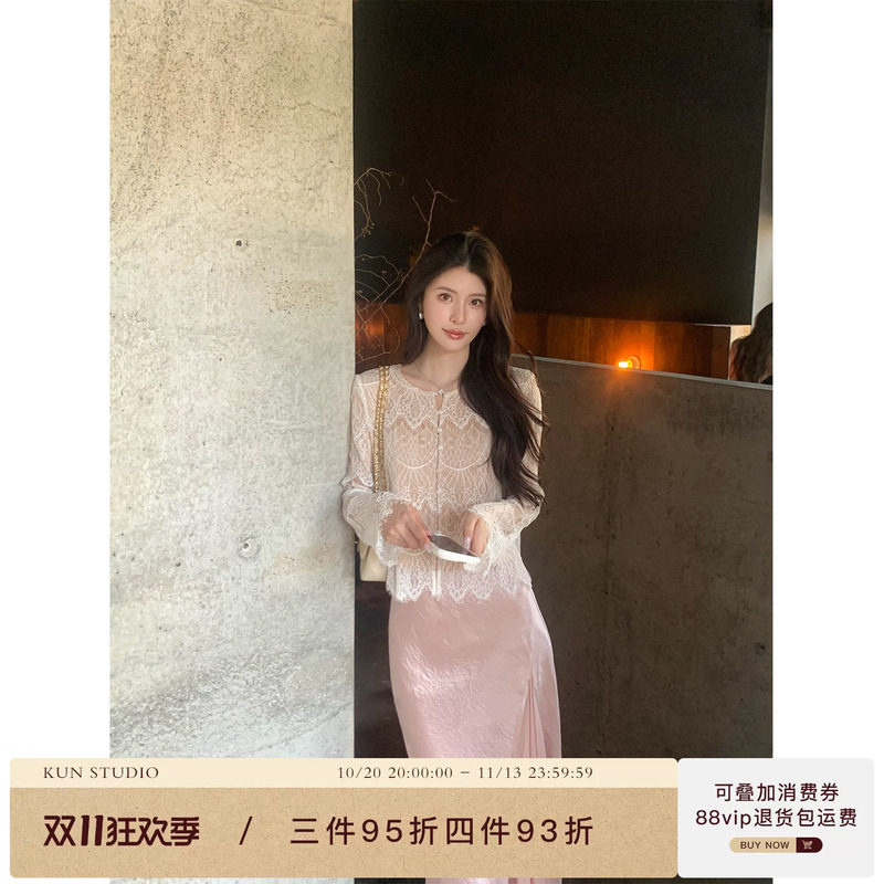 Kun【Wind Chime】White Hollow Lace Shirt for Women, Autumn High-End Elegant Long-Sleeve Top, New Style Kun【Wind Chime】White Hollow Lace Shirt for Women, Autumn High-End Elegant Long-Sleeve Top, New Style