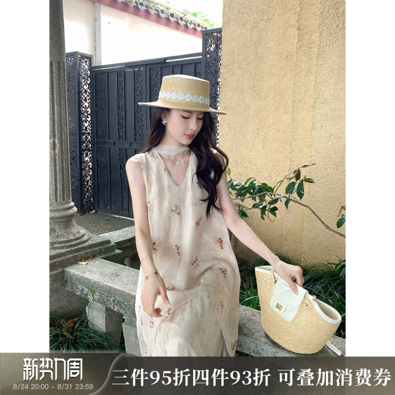 Kun General Kun【Muse Dress】Sleeveless V-Neck Dress, Feminine Design, Thin Long Dress, New Summer Style