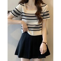 Maternity wear summer postpartum nursing tops for hot moms going out thin short-sleeved knitted summer ice silk stripes breastfeeding