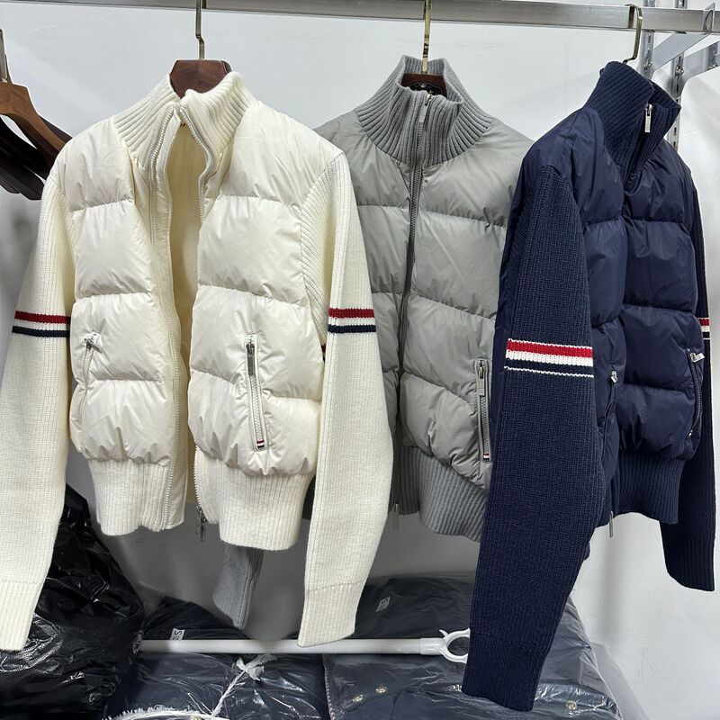 Tb New Style College-Style Colorful Sleeve Stripe Woven Tape Knit Patchwork Stand Collar Short White Duck down Jacket Casual Coat