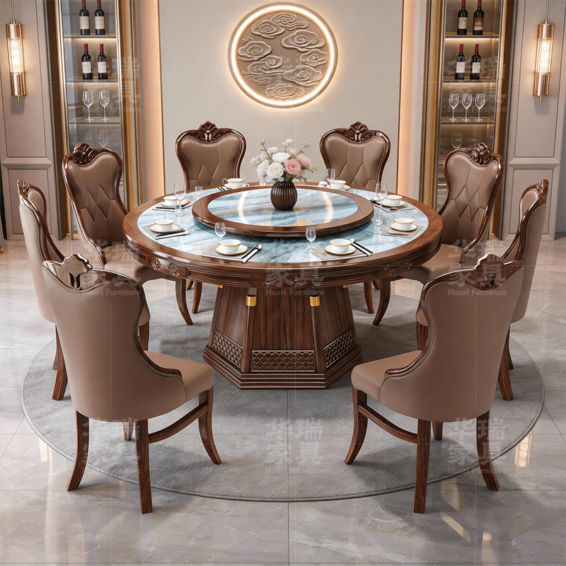 Luxurious Black Walnut Wood Dining Table with a High-End Feel, Featuring a Rock Slab Surface, in a New Chinese Style, Suitable for Hotels, Villas, and Private Rooms, Large Round Table for 12 People