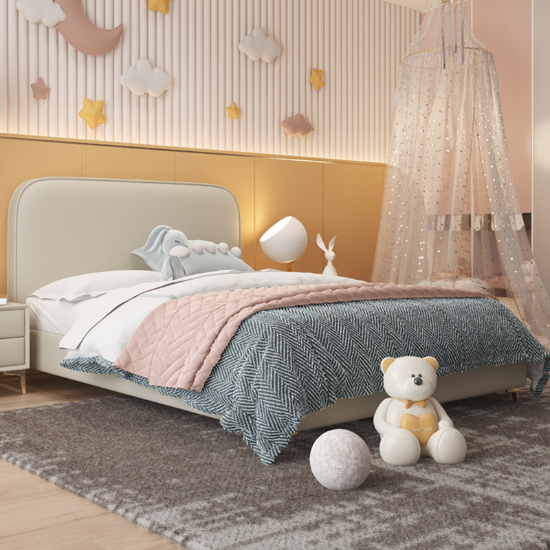 Modern children's bed Boy single beds light lavish solid wood teenagers genuine leather cute minimalist storage girl princess bed