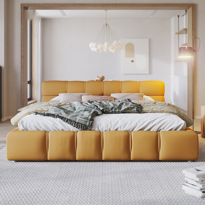 Italian Minimalist Real Leather Bed Modern Light Lavish Double Man Bed Main Bedroom Tatami Storage Atmosphere Solid Wood Frame Soft Bag