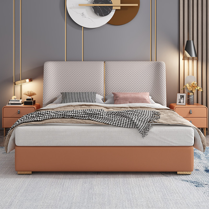 Modern minimalist genuine leather bed 1 8 m Double beds Bedroom Wedding Bed 1 5 m Small Family Solid Wood Frame Soft Bag Large Bed