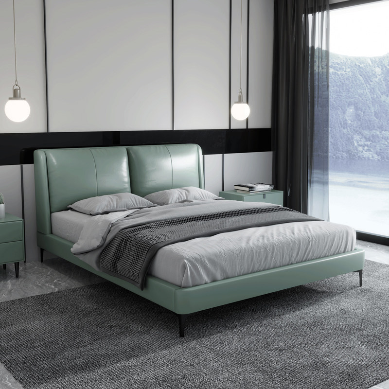 Modern master bedroom leather art bed Italian style minimalist atmosphere 1 8 m Double wedding bed Small family type solid wood soft bag solid wood bed
