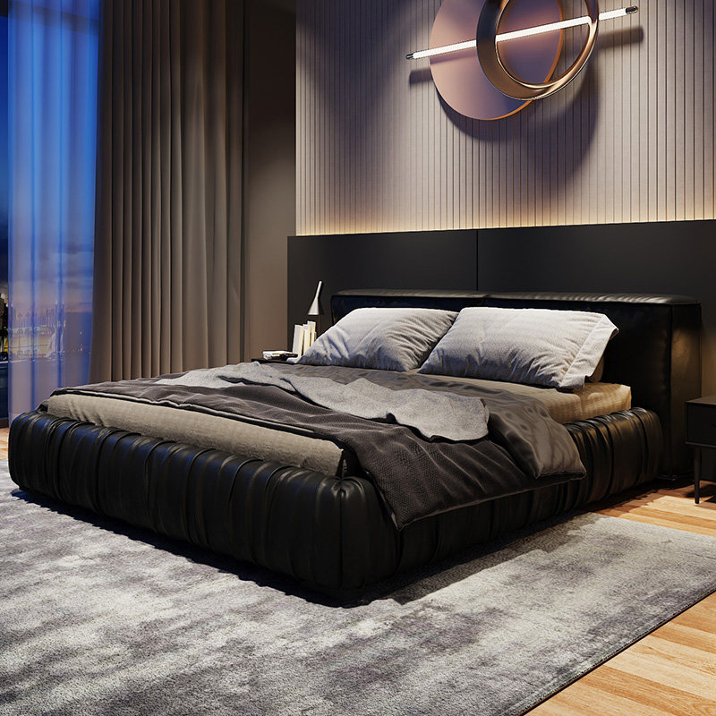 Italian Real Leather Bed Light Extravagant Net Red Bed Modern Minimalist Head Layer Cow Leather Master Bedroom double bed Atmosphere Soft bunk bed Wedding bed