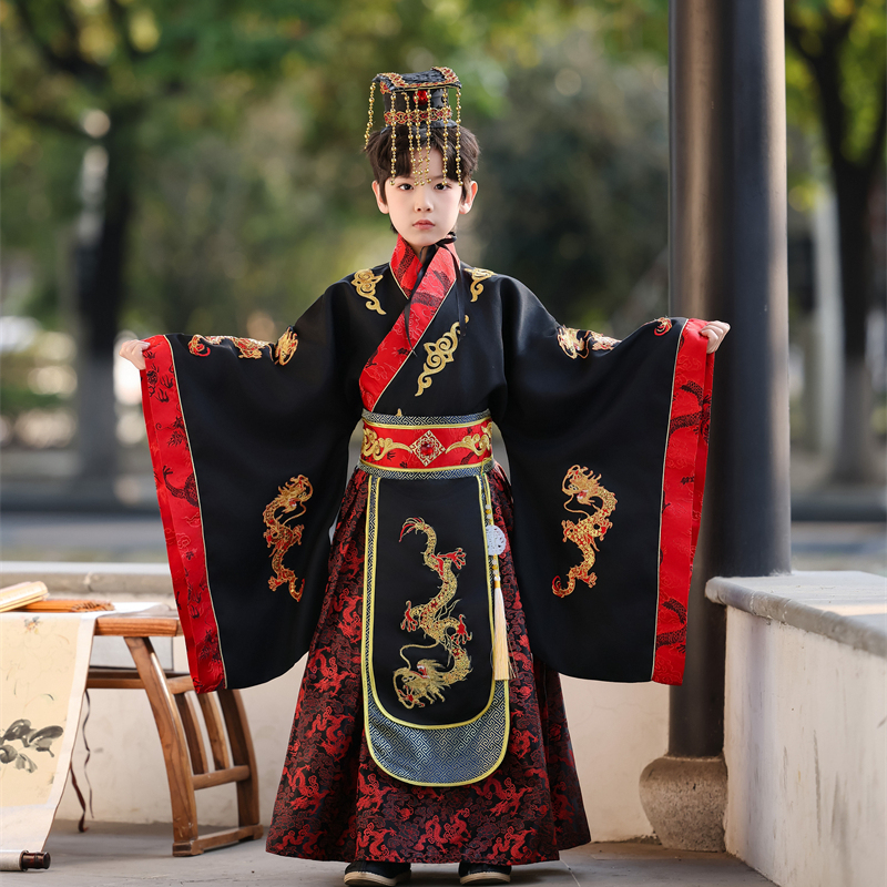 Hanfu for Boys, Ancient Costume for Children, Emperor's Dragon Robe, Ancient Ruler's Performance Costume, Black High-End Original Design, Spring and Autumn Style