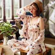 Bộ đồ ngủ lụa tơ tằm Jingcho nữ mùa hè dài ba mảnh mỏng tay thời trang gợi cảm quai áo dịch vụ nhà mùa xuân và mùa thu mẫu - Giống cái