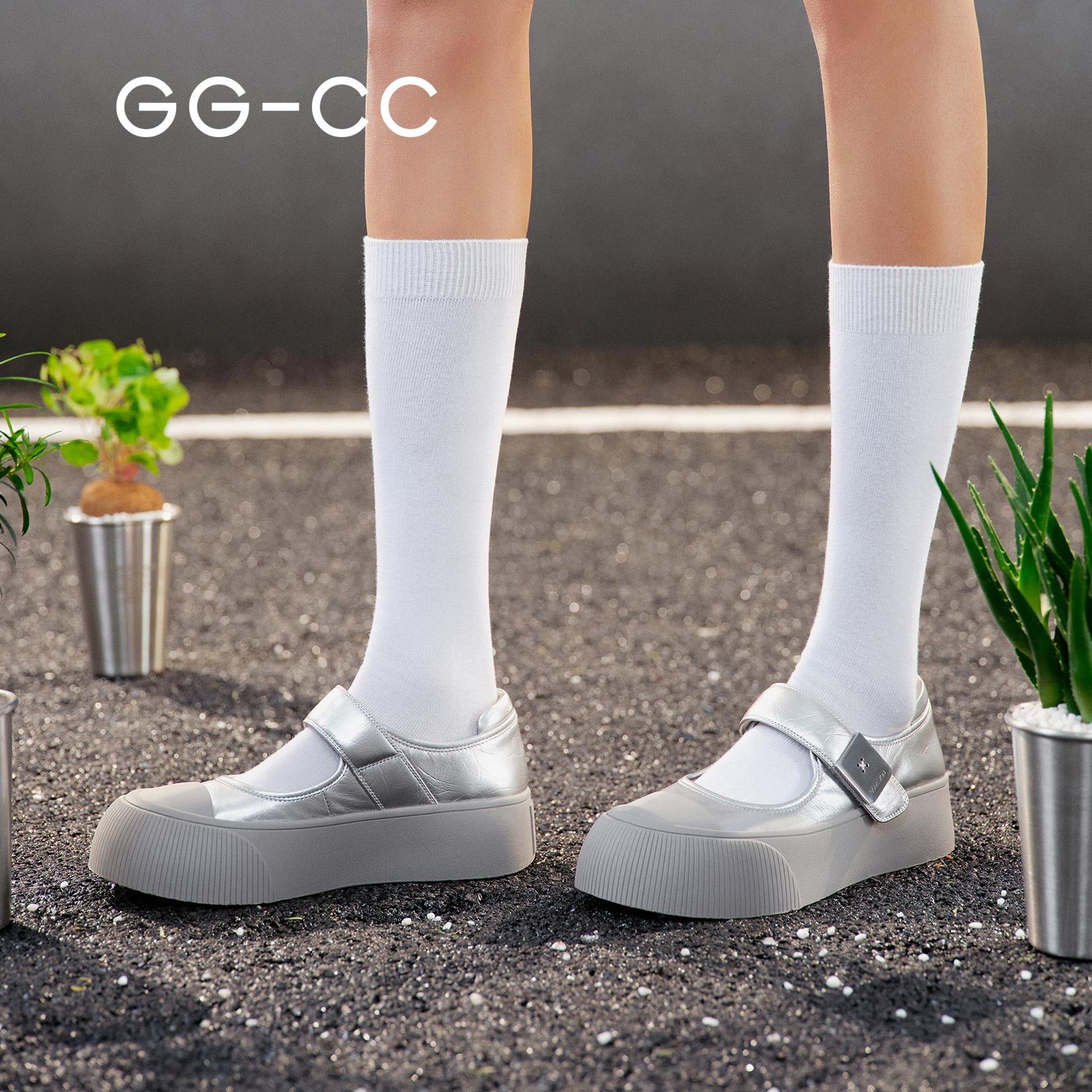 【陳都玲と同じスタイル】GGCCギャラクシーシマー2025春メリージェーンシューズシルバー厚底バレエシューズレディース