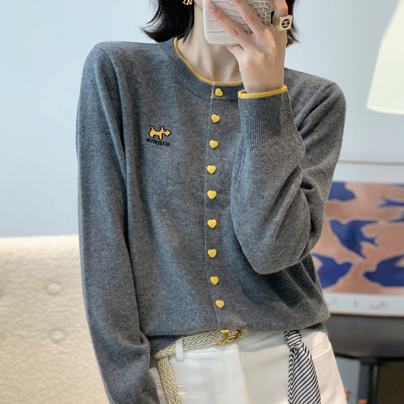 100% Pure Wool Knitted Cardigan for Women, Autumn and Winter Color-Blocked Sweater Coat, Loose Outerwear, Chanel-Style Wool Sweater for Spring and Autumn