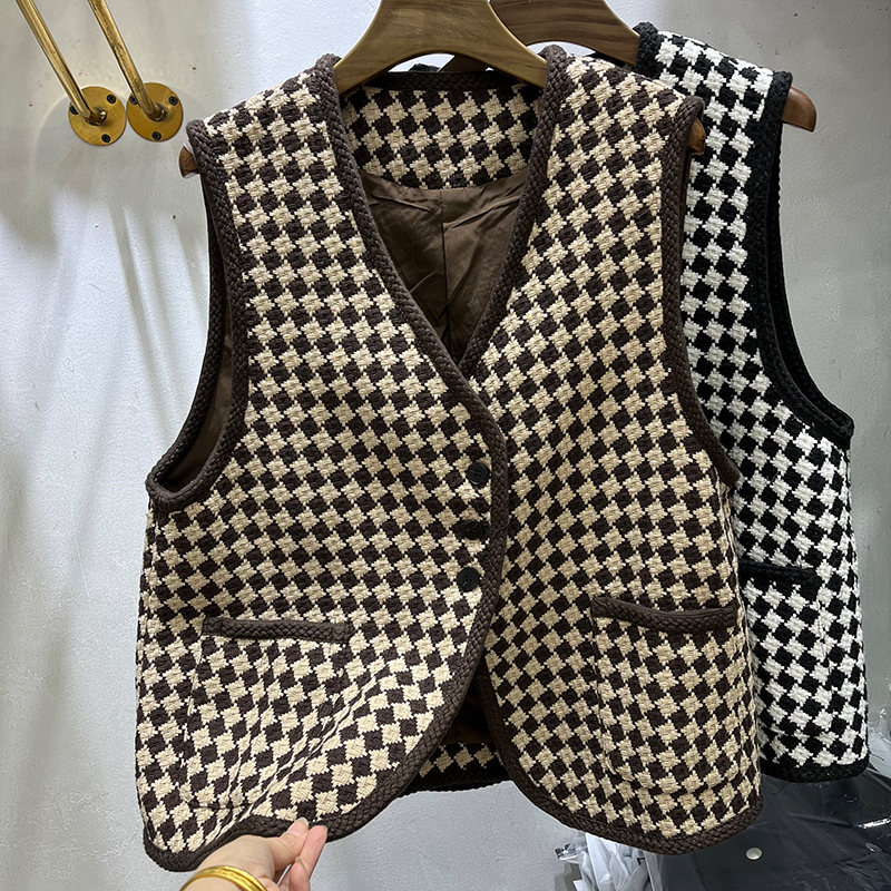 French Retro Houndstooth Tweed Vest for Women 2026 Spring and Autumn New Loose Versatile Tweed Jacket French Retro Houndstooth Tweed Vest for Women 2026 Spring and Autumn New Loose Versatile Tweed Jacket