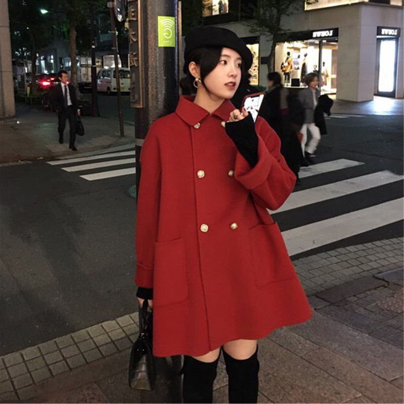女装轻熟双面羊绒赫本毛呢红色呢子大衣