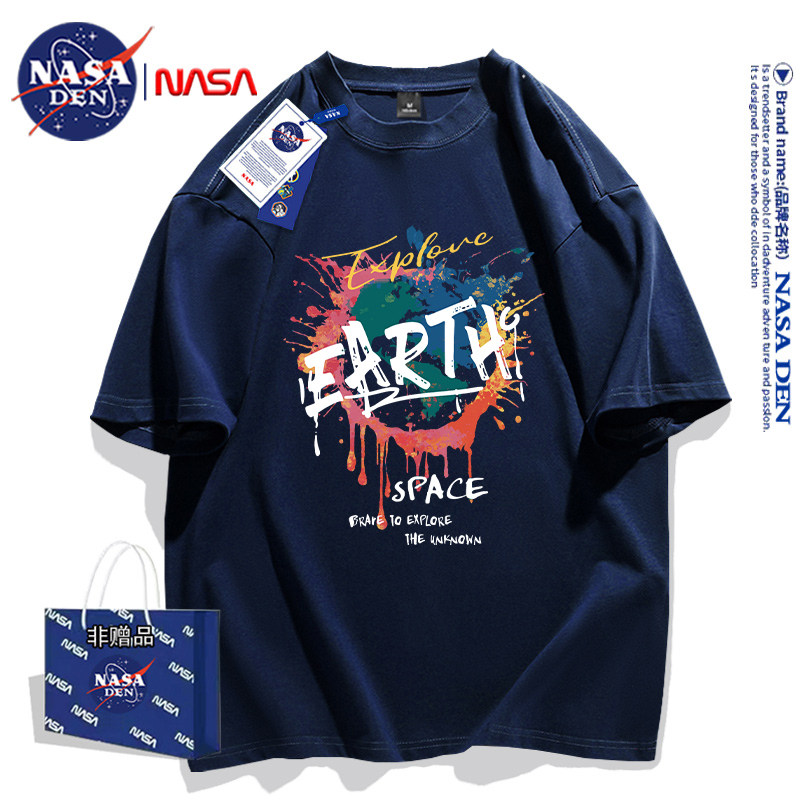 Женская летняя футболка NASA joint из плотного хлопка с короткими рукавами в стиле американского ретро, повседневная свободная универсальная пара с пятиконечными рукавами Изображение 1
