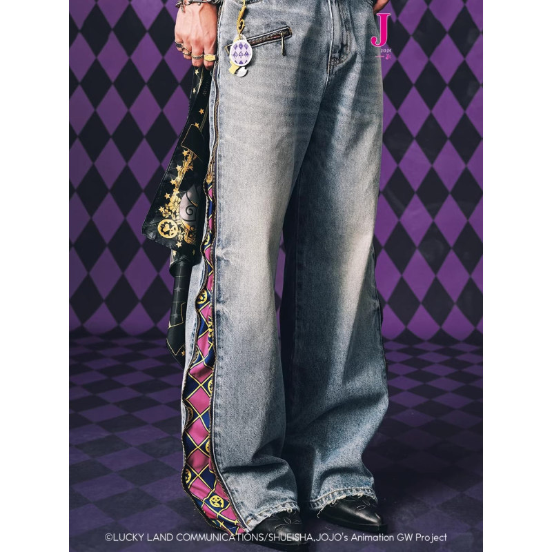 Medm X Jojo's Bizarre Adventure Collaboration - Zipper Plaid Casual Jeans, Washed and Distressed Loose-Fit Floor-Length Pants