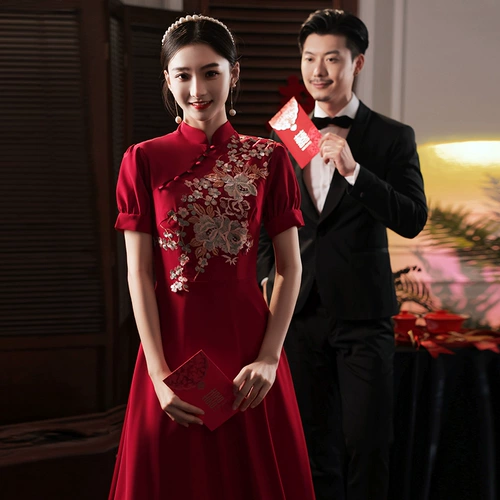 Осеннее длинное бордовое вечернее платье, китайский стиль