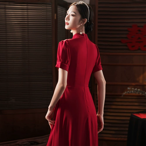 Осеннее длинное бордовое вечернее платье, китайский стиль