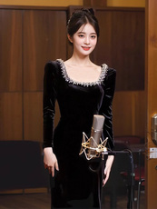 Вечерние платья 重工业晚礼服女黑色长款典雅宴会年会艺术测试表演指挥家主持礼服裙 Aiyueni